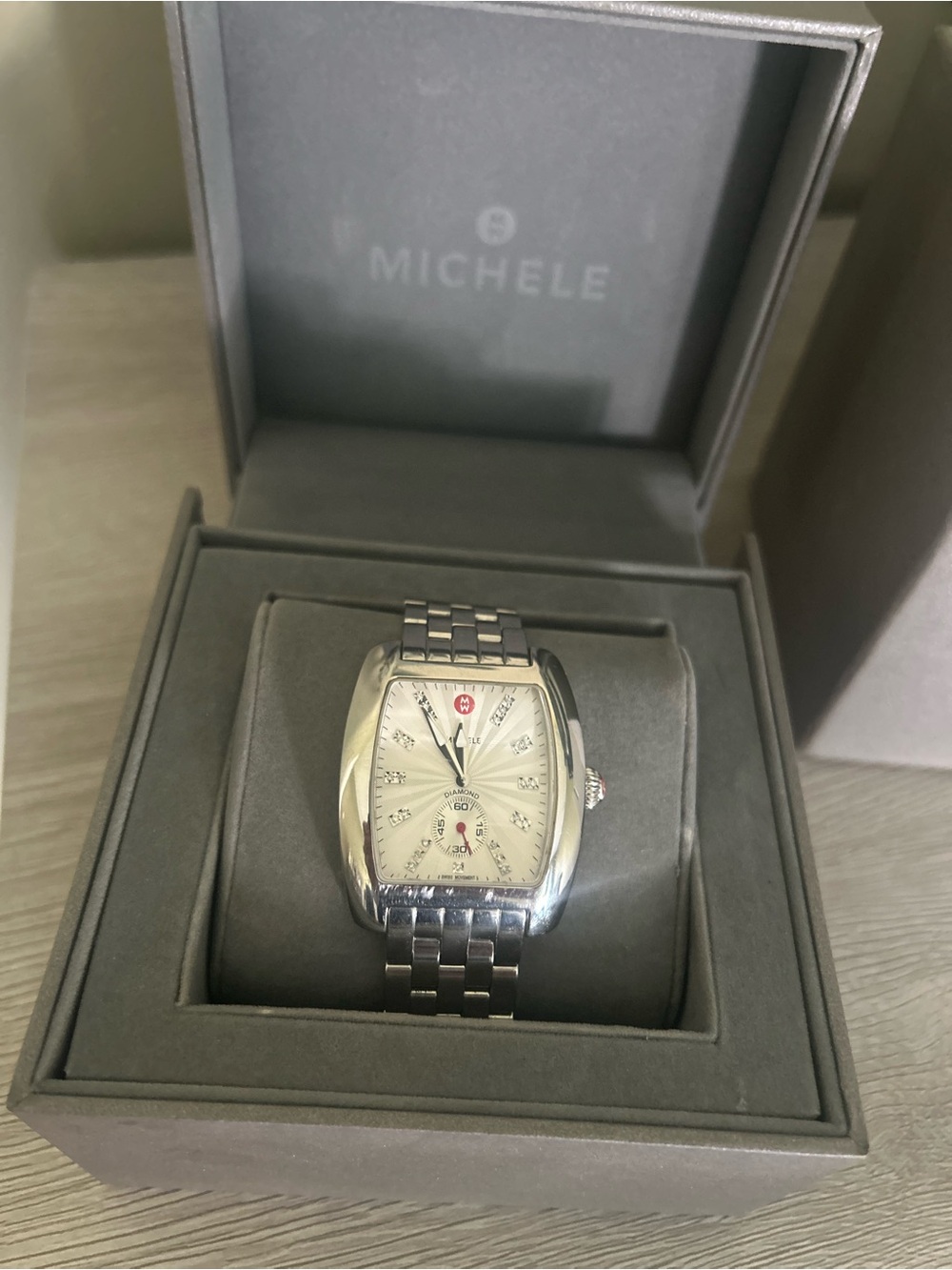 Michele Diamond Women’s Oversized Silver Stainless Steel Bracelet Watch